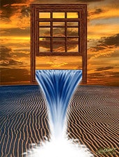 Window pouring out water from Heaven representing Christian tithing