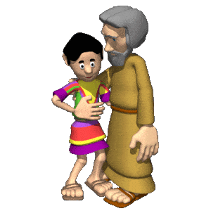 Jacob hugging Joseph in his coat of many colors