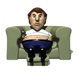 Cartoon Eglon sitting in a big chair with his feet on a stool