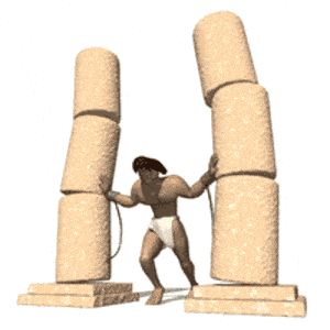 Cartoon Samson pushing on the pillars of the Philistine's house