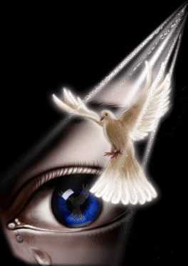 Blue eye with tear emerging and Holy Spirit Dove appearing