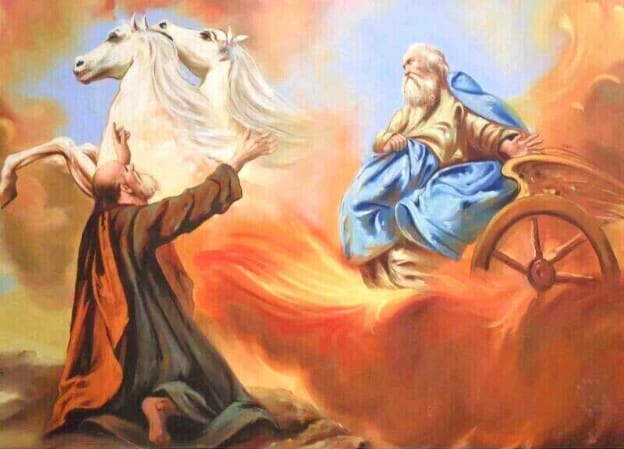Elijah on the chariot with Elisha watching in awe