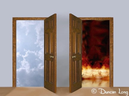 A door opening to Heaven and another opening to hell.