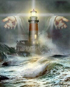 Lighthouse amidst a tempest with Jesus overlooking.