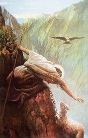 Jesus reaching for a lost sheep on a mountainside Jesus reaching for sheep