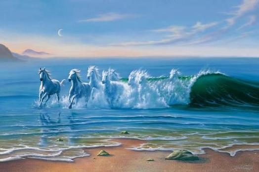Horses Running out of an Ocean Wave