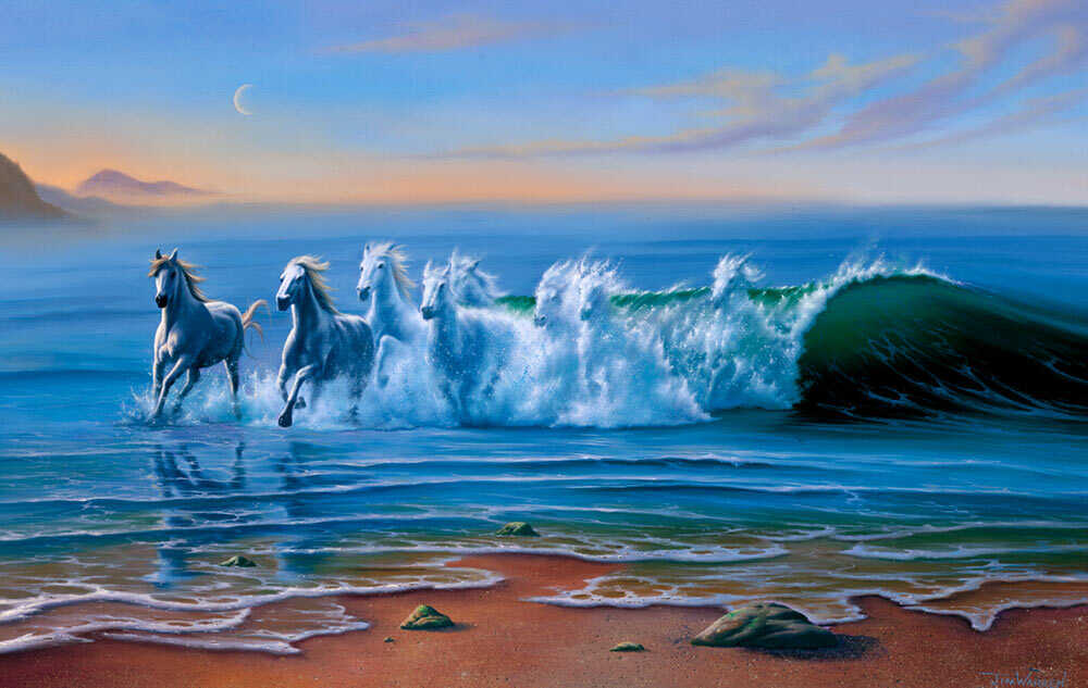 Horses Running out of an Ocean Wave