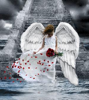 Child angel holding bouquet of roses walking down staircase into water