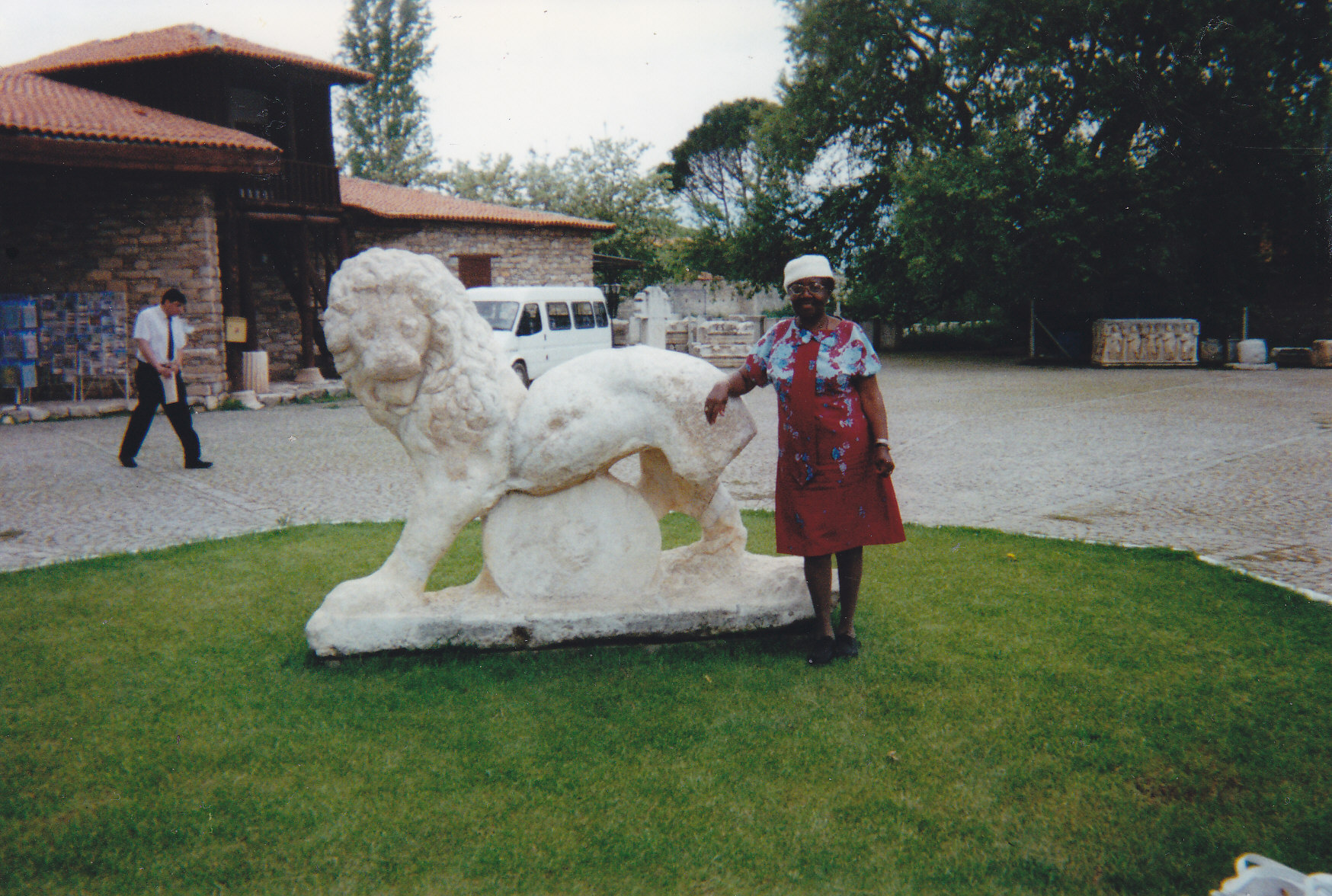 Barbara Leaning on Statue of Lion
